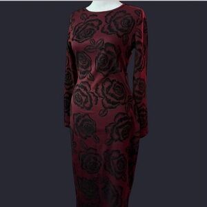 Glamorous Deep Red Long Sleeve Dress with Black Floral Pattern